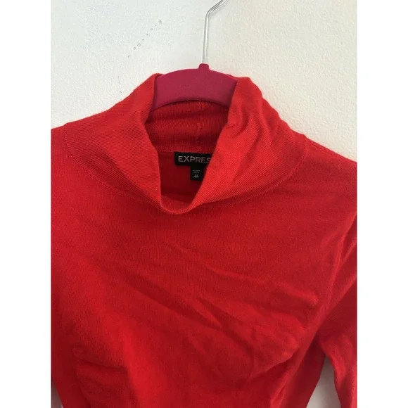 Express Red Ruched Turtleneck Long Sleeve Mini Dress XS Mock Neck Knit Bodycon - Picture 4 of 5